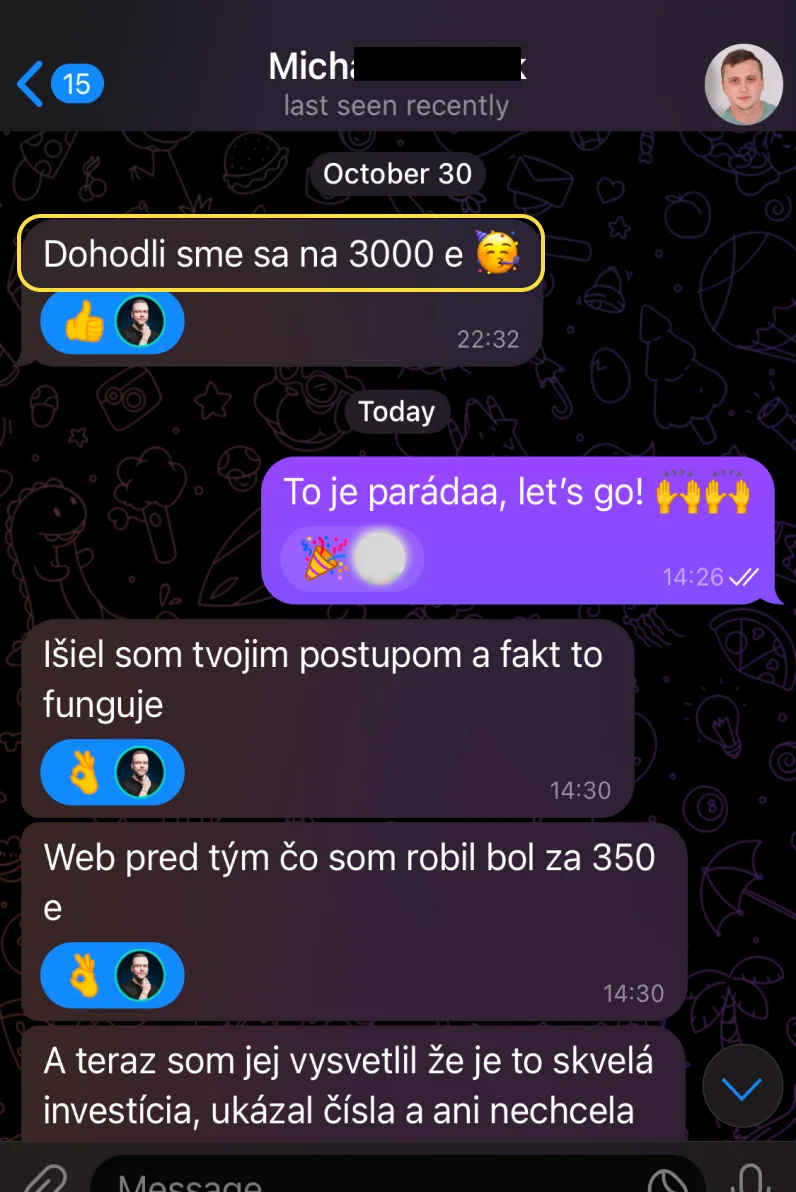 Zpráva Michala: dohodli jsme se na 3 000 €, předchozí web dělal za 350 €