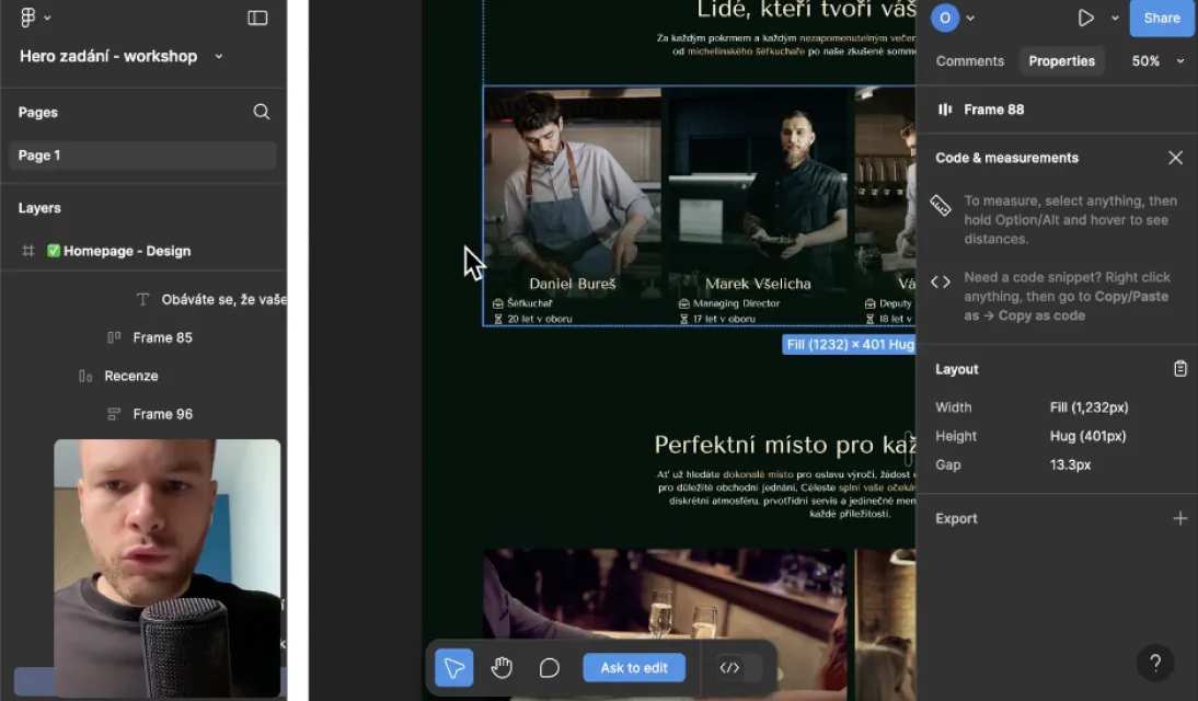 Ondřej natáčí zpětnou vazbu k návrhu webu ve Figmě