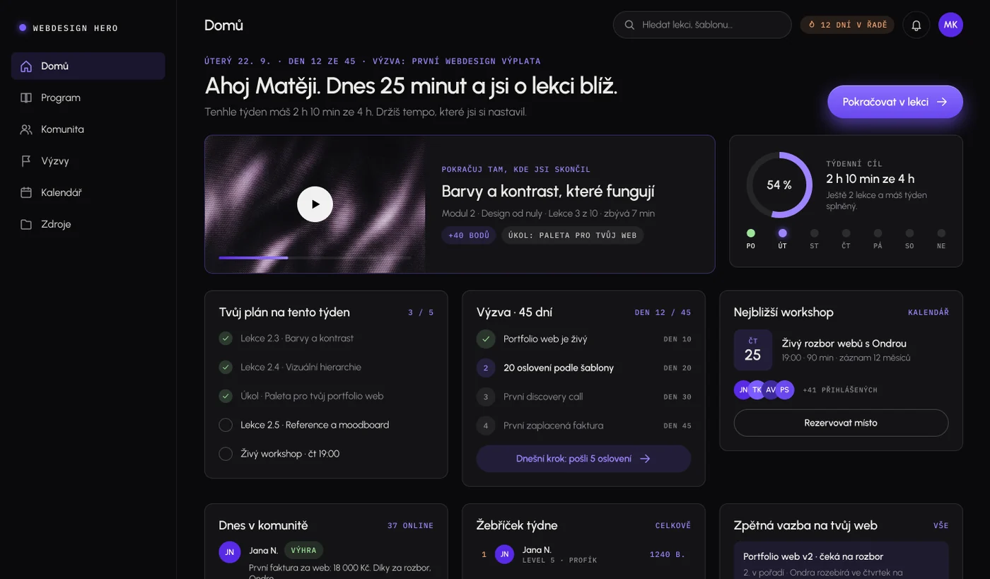Úvodní obrazovka platformy Webdesign Hero s postupem a plánem týdne